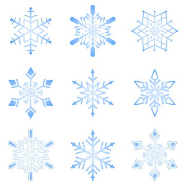 Kar taneleri ayarlayın. Kış ve Yılbaşı tasarım için kar tanesi koleksiyonu. Beyaz arka plan üzerinde izole. Vektör.
