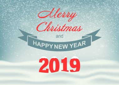 Noel ve yeni yıl 2019 arka plan düşen ve yazı kar ile. Vektör.
