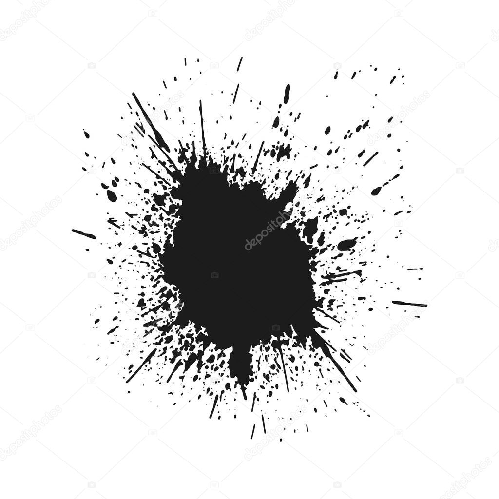 Black monochrome ink or paint blots grunge background. Texture Vector. Dust overlay distress grain. Black splatter, dirty, poster for your design. Isolated on white background. Vector.