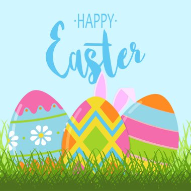 Renkli Paskalya yumurtaları ve tavşan kulakları ile paskalya tebrik kartı. Paskalya afiş tasarım şablonu. Vektör.