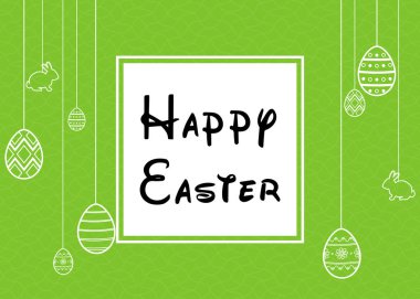 Paskalya arka plan beyaz ile yumurta, tavşanlar ve mutlu Paskalya istiyor. Paskalya tasarım şablonu. Vektör.