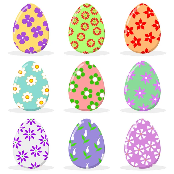 Сбор пасхальных яиц. Набор красочных пасхальных яиц с цветочным декором. Изолирован на белых пасхальных яйцах. Вектор . — стоковый вектор