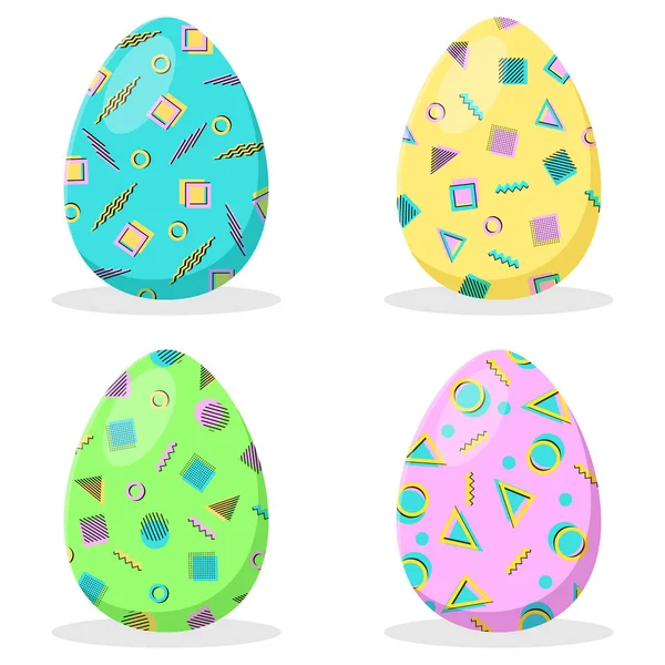 Easter eggs collection. Easter eggs with geometric decoration in memphis style. Isolated on white background. Vector. — Stock Vector
