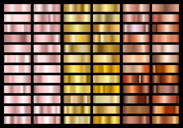 Conjunto de ouro rosa, ouro e folha de cobre fundo de gradação textura. Amostras de gradiente metálico. Coleção de paleta de gradiente de metal brilhante. Isolado em fundo preto. Vetor . —  Vetores de Stock