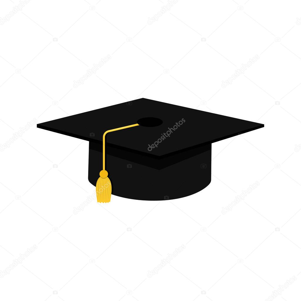 Graduation cap flat design icon. Symbol of finish education. Graduational day element. Isolated on white background. Vector.