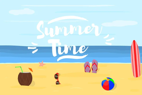 Fondo de verano. Concepto de vacaciones y viajes con cosas de playa. Vector . — Archivo Imágenes Vectoriales