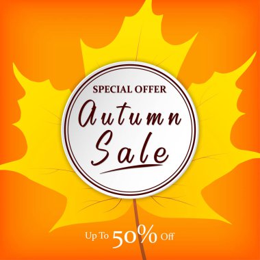 Sonbahar satış vektör poster tasarımı renkli sonbahar yaprakları ve sonbahar sezonu alışveriş promosyon için satış indirim metni ile. Sonbahar arka planı. Vektör.