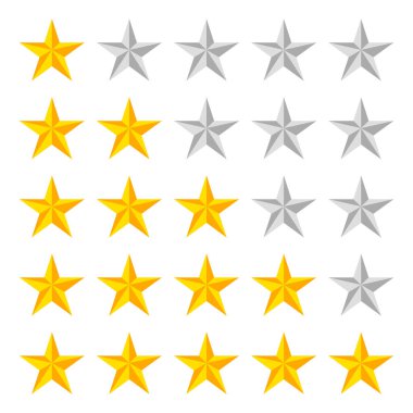 Beş yıldızlı derecelendirme simgesi. İnternet sitesi için kıdem yıldızı, uygulama. Beyaz arka planda izole edilmiş. Vektör.