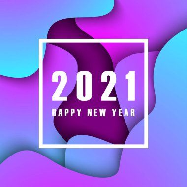 2021 Modern renkli arkaplan üzerine Mutlu Yıllar yazıları. Harflerle ve neon renkli kağıtlarla şekilleri ve dalgaları kesen yeni yıl tasarımı şablonu. Vektör.