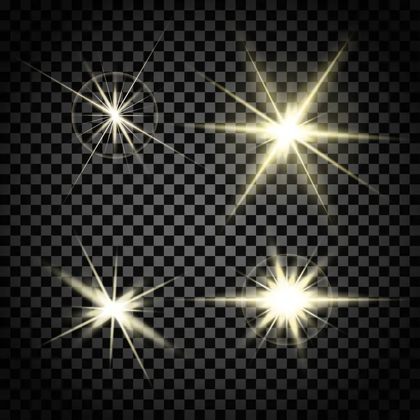 Luzes e estrelas brilhantes. Efeito de luz para o seu design. Estrela a rebentar. O sol pisca com raios. Isolado em fundo transparente. Vetor. —  Vetores de Stock