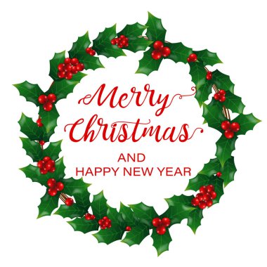 Holly Berries ile Noel çelengi. Noel Şenliği Tasarım Elemanı. Yazılı Noel çelengi Mutlu Noeller ve mutlu yıllar. Vektör.