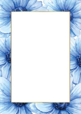Vektör El çizilmiş suluboya çerçeve veya kart. Metniniz için beyaz alan içeren mavi anemon arka planı.