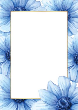 Vektör El çizilmiş suluboya çerçeve veya kart. Metniniz için beyaz alan içeren mavi anemon arka planı.
