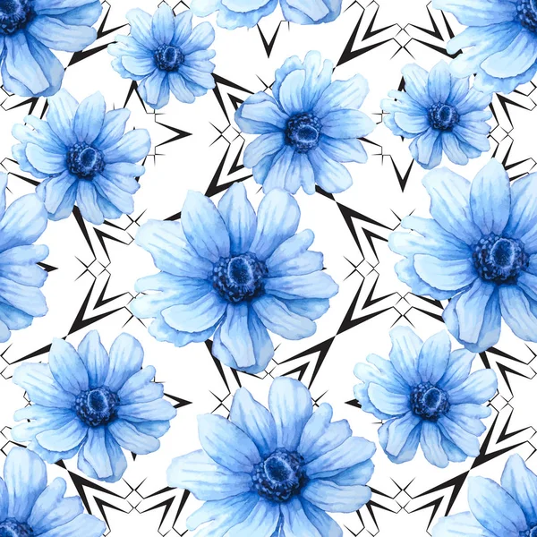 Modello acquerello colorato con fiori di anemone blu su sfondo bianco. Illustrazione disegno a mano — Vettoriale Stock