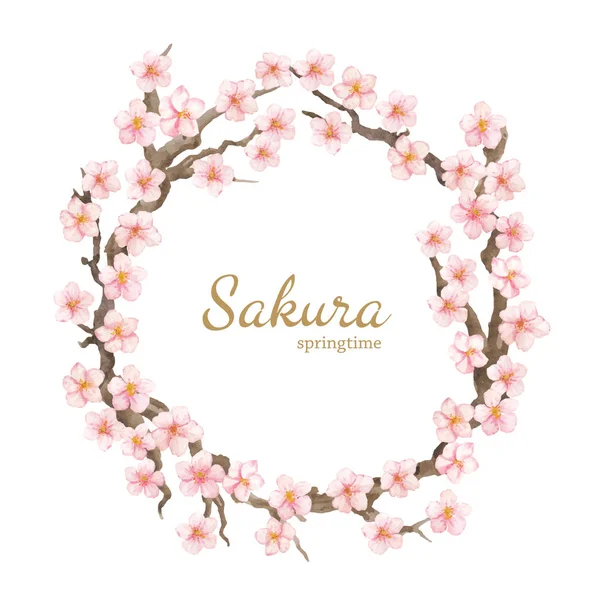 Scheda dipinta a mano con fiori e rami di sakura. Illustrazione ad acquerello isolato su sfondo bianco . — Vettoriale Stock