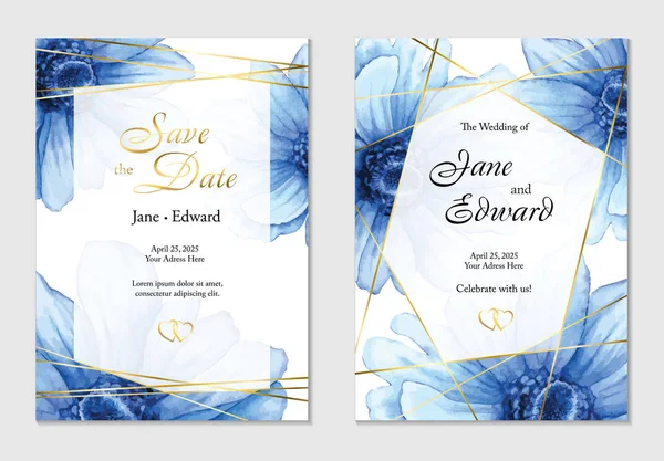 Vintage watercolor vector card, wedding invitation with blue anemones flowers. — Stock Vector