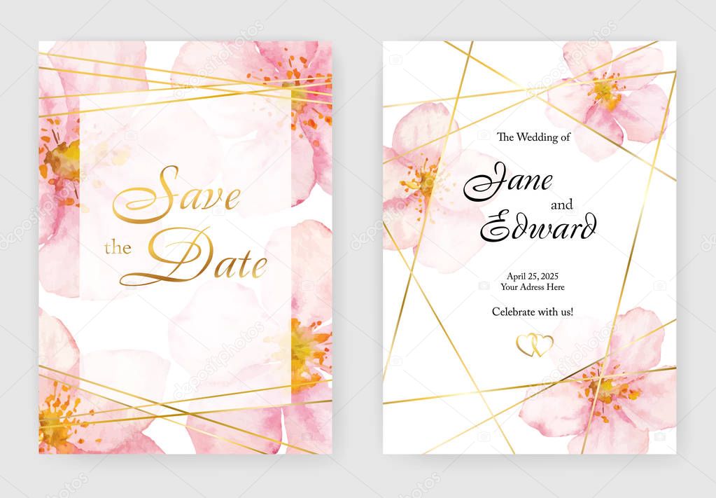 Floral vector card, wedding invitation with cherry or sacura watercolor flowers and golden elements.