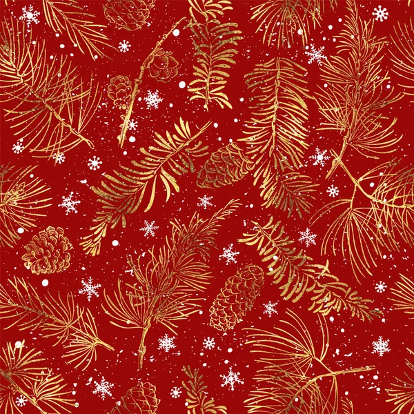 Naadloos patroon met gouden takken. Kerst en Nieuwjaar rode achtergrond. — Stockvector