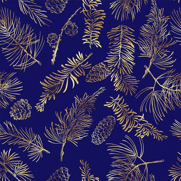 Sömlöst mönster med gyllene grenar. Jul och nyår blå bakgrund. — Stock vektor