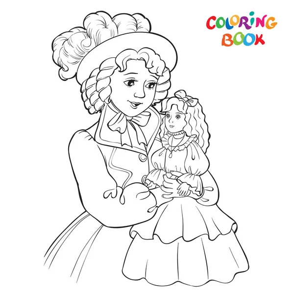 Hermosa chica sosteniendo una muñeca en las manos. imagen delineada para colorear libro sobre fondo blanco — Vector de stock