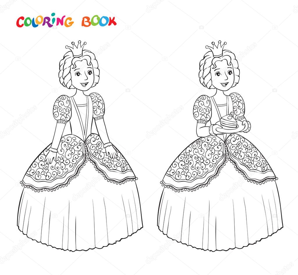 Beautiful little princess outlined for coloring book isolated on white background
