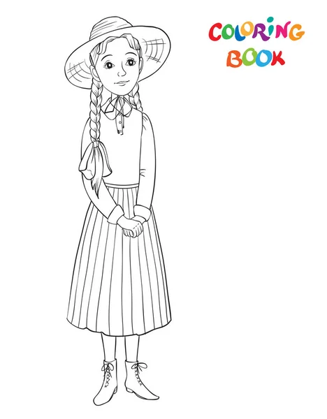 Desenho de página para colorir de menina bonita. Menina sorridente em vestido e chapéu de palha. ilustração vetorial —  Vetores de Stock