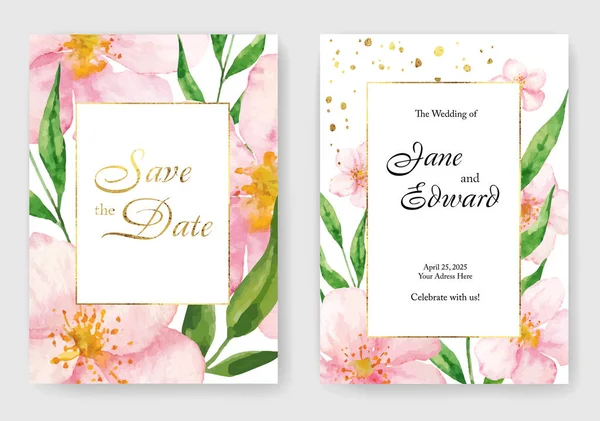 Tarjeta vectorial floral, invitación de boda con flores de cereza o sacura acuarela y elementos dorados . — Vector de stock