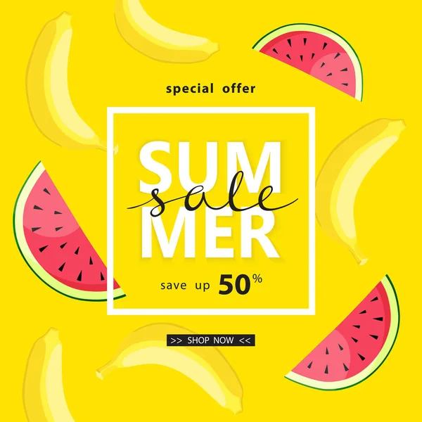 Banner de venta de verano con piezas de fruta madura, diseño brillante . — Vector de stock