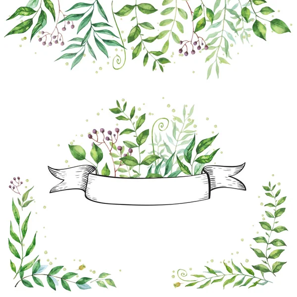 Cornice vettoriale mix di erbe. Piante dipinte a mano, rami e foglie su sfondo bianco. Design della carta naturale . — Vettoriale Stock