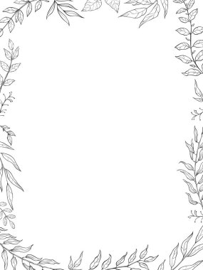 Herbal mix vector frame in line style. Hand draw plants, branches and leaves on white background. Coloring frame vector