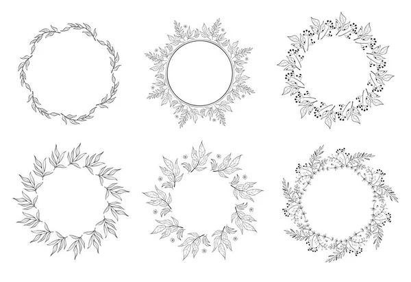 Collection de cadres floraux en noir et blanc dans le style ligne. Ensemble de feuilles rétro mignon arrangé sur une forme de la couronne — Image vectorielle