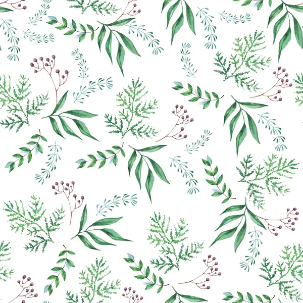 Acuarela Patrón inconsútil de ramas, hojas verdes, hierbas, plantas tropicales.. Vector fondo ecológico fresco sobre blanco — Vector de stock