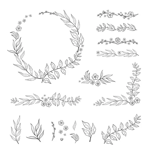Collection de cadres floraux en noir et blanc dans le style ligne. Ensemble de feuilles rétro mignon arrangé sur une forme de la couronne — Image vectorielle