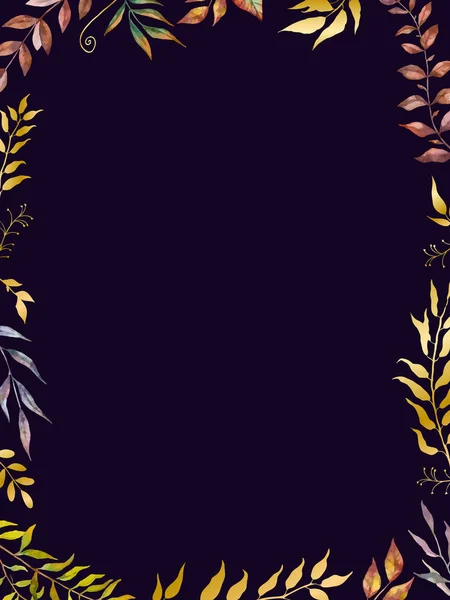 水彩画ハーブミックスベクトルフレーム。暗い背景に手描きの植物、枝や葉. — ストックベクタ