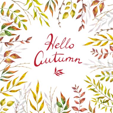 Bitkisel karışım vektör çerçevesi. El boyalı bitkiler, dalları ve beyaz arka plan üzerinde yaprakları. Doğal sonbahar kartı tasarımı.