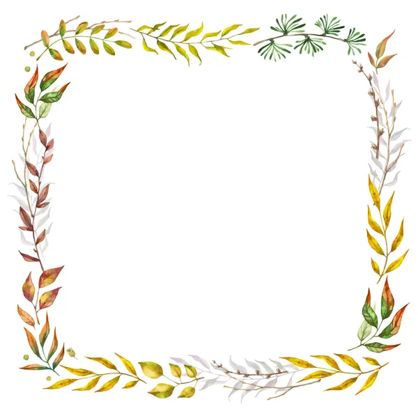 Herbal mix vector frame. Handgeschilderde planten, takken en bladeren op witte achtergrond. Natuurlijke val kaart ontwerp. — Stockvector