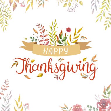 Suluboya sonbahar yaprakları ve dalları beyaz arka plan üzerinde izole ile Mutlu şükran metin.