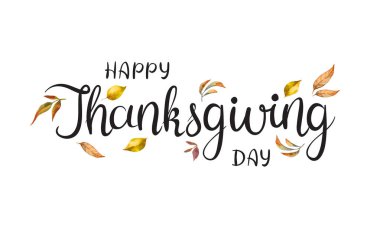 Suluboya sonbahar yaprakları ve dalları beyaz arka plan üzerinde izole ile Mutlu şükran metin.