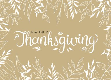 Elle çizilmiş sonbahar yaprakları ve dalları kas arka plan izole ile Mutlu şükran metin.