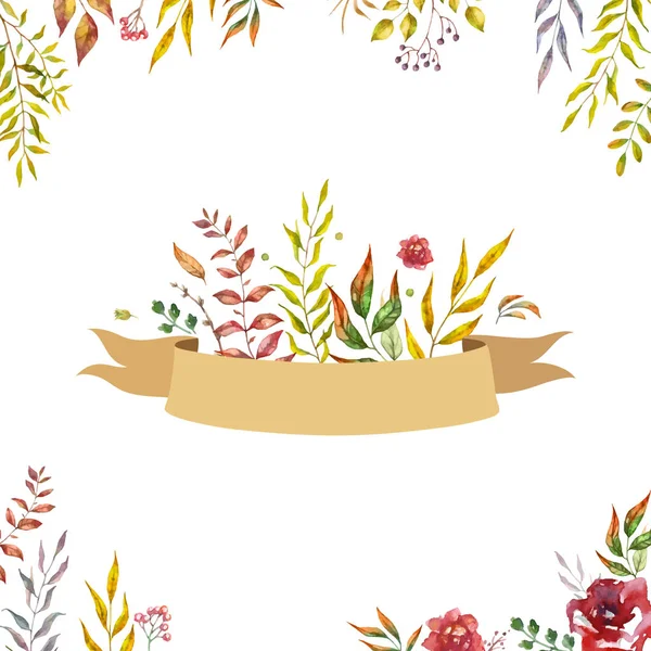 Herbal mix vector frame. Handgeschilderde planten, takken en bladeren op witte achtergrond. Natuurlijke val kaart ontwerp. — Stockvector