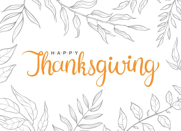 Boldog hálaadással szöveget kézzel rajzolt őszi levelek és ágak elszigetelt fehér háttér. — Stock Vector