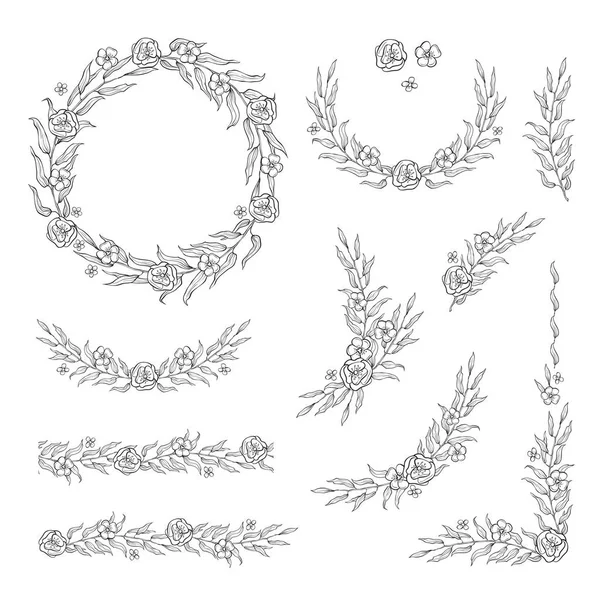 Floral black and white Frame Collection in line style. Set of cute retro leaf arranged un a shape of the wreath — Stock Vector