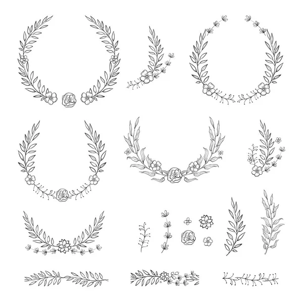 Collection de cadres floraux en noir et blanc dans le style ligne. Ensemble de feuilles rétro mignon arrangé sur une forme de la couronne — Image vectorielle