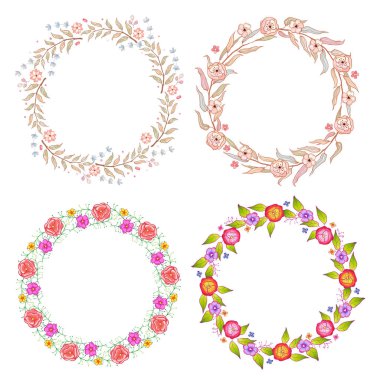 Floral çok renkli çerçeve koleksiyonu. Sevimli Retro yaprak set un çelenk bir şekil düzenlenmiş