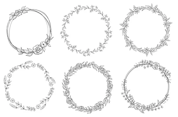 Colección de marcos en blanco y negro floral en estilo de línea. Conjunto de linda hoja retro arreglado un una forma de la corona — Archivo Imágenes Vectoriales