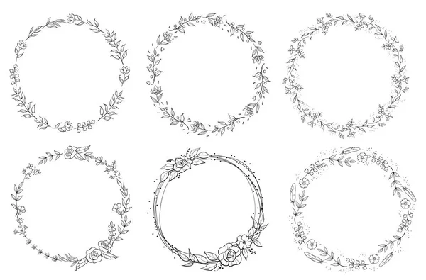 Florale Schwarz-Weiß-Rahmenkollektion im Linienstil. Set von niedlichen Retro-Blatt angeordnet un eine Form des Kranzes — Stockvektor