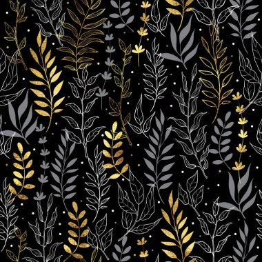 Altın çiçekli arka plan. Vektör Dikişsiz desen dalları yaprak çilek ile. Tatil için mükemmel