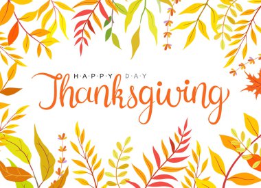 Elle çizilmiş sonbahar yaprakları ve dalları beyaz arka plan üzerinde izole ile Mutlu şükran metin.