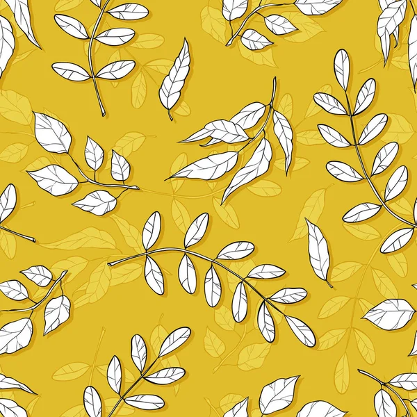 Vector seamless pattern with different abstract leaves. Autumn background with shades of ocher. — Stock Vector