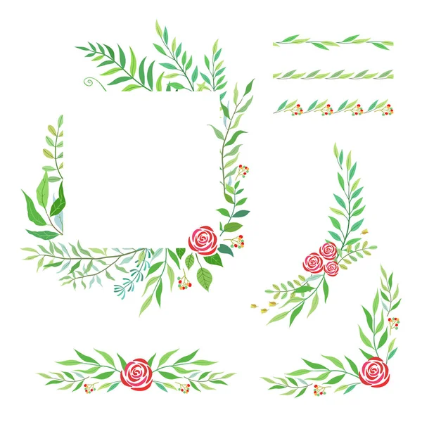 Herbal mix vector frame. Handgeschilderde planten, takken en bladeren op witte achtergrond. Natuurlijke zomerkaart ontwerp. — Stockvector